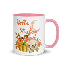 Load image into Gallery viewer, 11 oz. white ceramic coffee/tea mug with solid light pink handle, rim, and inside. Image Design:  watercolor pumpkin, and skull, leaves and berries behind. Crescent moon in background. Image phrase: Hello Mabon. Right hand side view. Halloween, spooky season.
