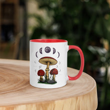 Load image into Gallery viewer, 11 oz. white ceramic coffee/tea mug with solid red handle, rim, and inside. Image Design: Mushroom cluster, moon phases, and constellations. right hand side view.
