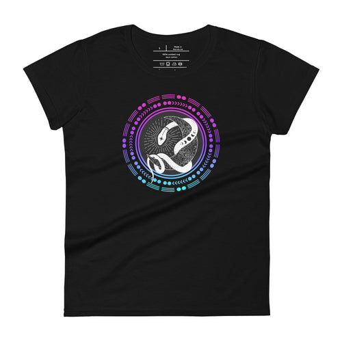 women's black t-shirt, with Snake wrapped around a crescent moon, encircled by moon symbols