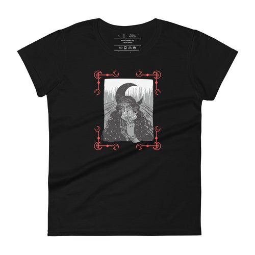 women's black t-shirt with image of a psychic tarot reader, with tarot cards in hand, crescent moon in background, red crescent moon corner borders