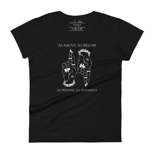 women's black t-shirt with image of two hands. One pointing up with two fingers, one pointing down with two fingers. Phrase on top and underneath image: 