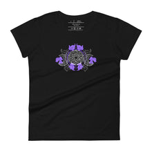 Load image into Gallery viewer, women&#39;s black t-shirt with image of a purple embellished triple moon pentacle design, with hints to the five elements. 
