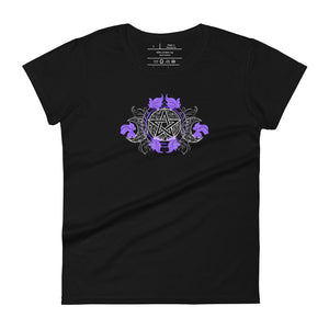 women's black t-shirt with image of a purple embellished triple moon pentacle design, with hints to the five elements. 