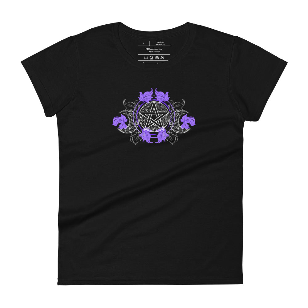 women's black t-shirt with image of a purple embellished triple moon pentacle design, with hints to the five elements. 