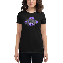 Load image into Gallery viewer, woman modeling/wearing women&#39;s black t-shirt with image of a purple embellished triple moon pentacle design, with hints to the five elements.
