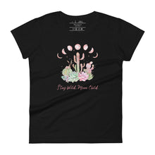 Load image into Gallery viewer, women&#39;s black t-shirt with image design of Moon phases, cacti and flowers, and &quot;Stay Wild Moon Child&quot; text
