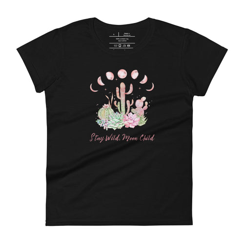 women's black t-shirt with image design of Moon phases, cacti and flowers, and 