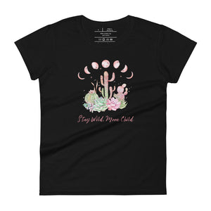 women's black t-shirt with image design of Moon phases, cacti and flowers, and "Stay Wild Moon Child" text