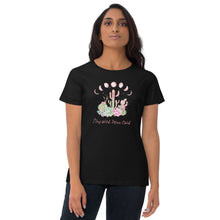 Load image into Gallery viewer, woman wearing/modeling women&#39;s black t-shirt with image design of Moon phases, cacti and flowers, and &quot;Stay Wild Moon Child&quot; text
