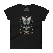 Load image into Gallery viewer, women&#39;s black t-shirt. Image Design: boho chic style teal blue and light yellow illustrated butterfly, moth, and beetle with celestial elements, stars, moon crescents.
