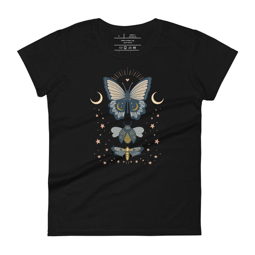 women's black t-shirt. Image Design: boho chic style teal blue and light yellow illustrated butterfly, moth, and beetle with celestial elements, stars, moon crescents.