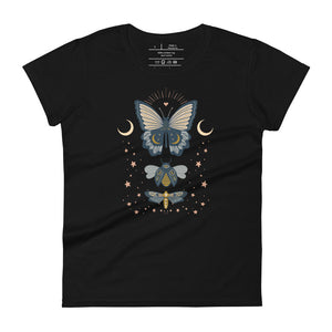 women's black t-shirt. Image Design: boho chic style teal blue and light yellow illustrated butterfly, moth, and beetle with celestial elements, stars, moon crescents.