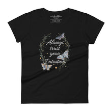 Load image into Gallery viewer, women&#39;s black t-shirt. Image Design: Text &quot;Always trust your Intuition,&quot; with plant/vine border, watercolor style moths, stars
