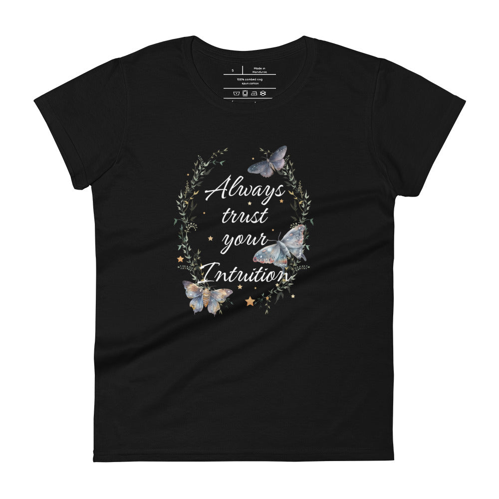 women's black t-shirt. Image Design: Text 