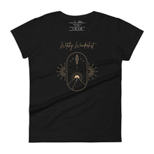 Load image into Gallery viewer, Woman&#39;s black t-shirt with image phrase: Witchy Wanderlust. Image under phrase is a minimalist hill with a sun behind, stars in the sky, and crystal suspended above the hill. Bordered with crescent moon on either side. Front view. Halloween, spooky season.
