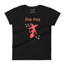 Load image into Gallery viewer, Woman&#39;s black t-shirt with image phrase: Stay Hexy (play on words for Stay Sexy), red silhouette of pretty witch form, pentacle stars on both side. Front view. Halloween, spooky season.
