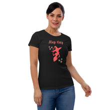 Load image into Gallery viewer, Woman modeling/wearing woman&#39;s black t-shirt with image phrase: Stay Hexy (play on words for Stay Sexy), red silhouette of pretty witch form, pentacle stars on both side. Front view. Halloween, spooky season.
