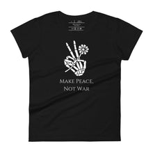 Load image into Gallery viewer, Woman&#39;s black t-shirt with image phrase: Make Peace, Not War, underneath an image of a skeleton hand in the gesture of a peace sign, holding a daisy flower. Front view. Halloween, spooky season.
