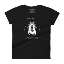 Load image into Gallery viewer, Woman&#39;s black t-shirt with image phrase: Stay wild, moon child. Image design of a woman, with tribal marking on her face, and crown of halo, spikes, and moon crescent. A woman&#39;s face on either side of woman, symbolic of the triple moon goddess. Front view. Halloween, spooky season.
