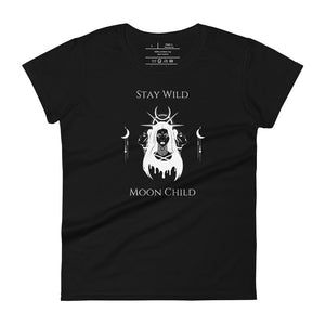 Woman's black t-shirt with image phrase: Stay wild, moon child. Image design of a woman, with tribal marking on her face, and crown of halo, spikes, and moon crescent. A woman's face on either side of woman, symbolic of the triple moon goddess. Front view. Halloween, spooky season.