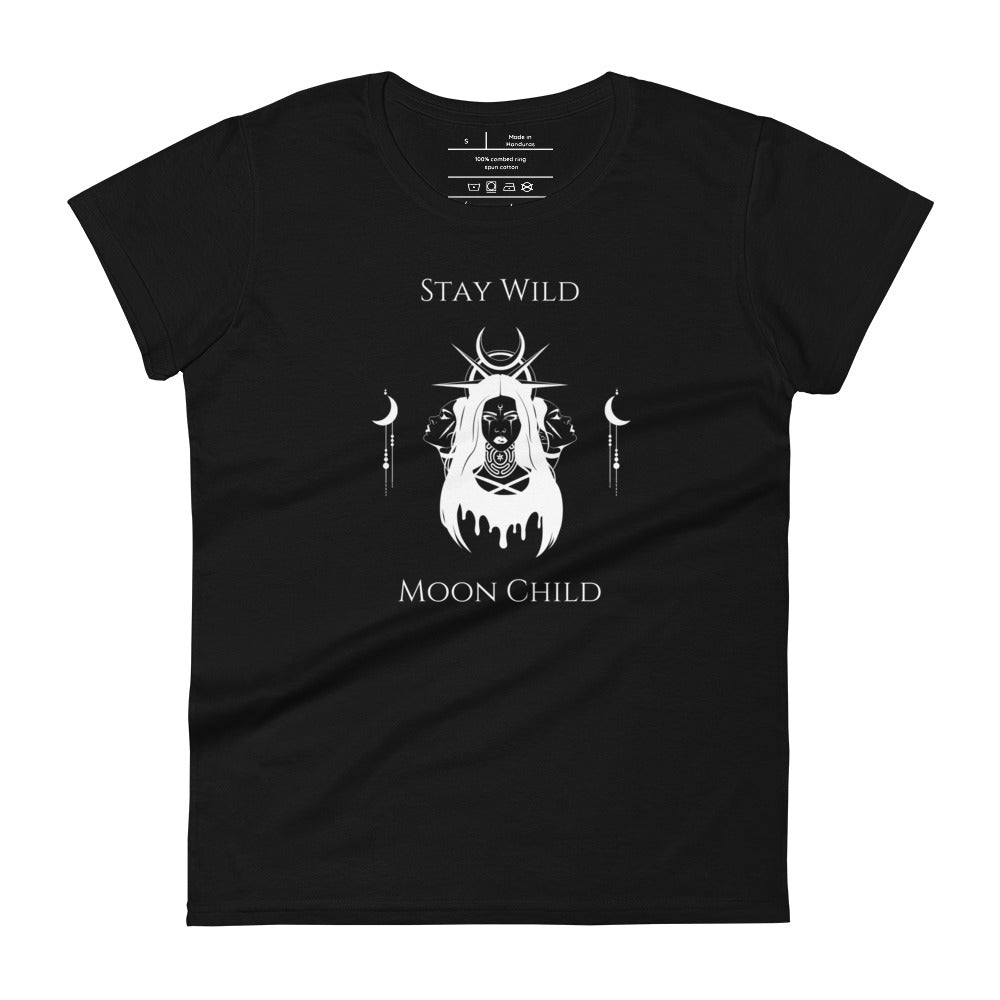 Woman's black t-shirt with image phrase: Stay wild, moon child. Image design of a woman, with tribal marking on her face, and crown of halo, spikes, and moon crescent. A woman's face on either side of woman, symbolic of the triple moon goddess. Front view. Halloween, spooky season.