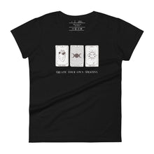 Load image into Gallery viewer, Woman&#39;s black t-shirt with image phrase: Create your own destiny, with 2 tarot cards, representing past, present, future. Front view. Halloween, spooky season.
