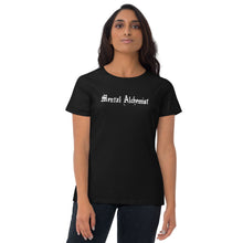 Load image into Gallery viewer, woman modeling/wearing woman&#39;s black t-shirt, with Image phrase: white text - &quot;Mental Alchemist.&quot; Front view.
