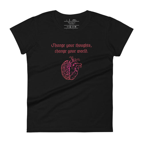 woman's black t-shirt, with image design: red half brain, half heart. Image phrase: Red text - Change your thoughts, change your world. Front view.