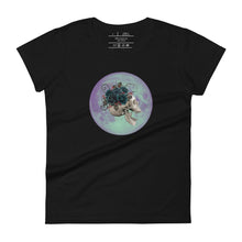 Load image into Gallery viewer, women&#39;s black t-shirt, with image design: side profile of a skull wearing a crown/hat of black roses, red berries, thorny vines and leaves, with a blue-purple moon behind it. Front View.
