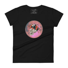 Load image into Gallery viewer, women&#39;s black t-shirt, with image design: side profile of a skull wearing a crown/hat of black roses, red poppies, thorny vines, and white butterflies, with a pink-red moon behind it. Front View.
