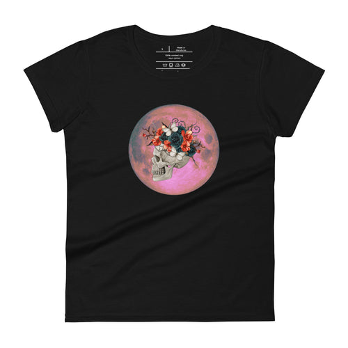 women's black t-shirt, with image design: side profile of a skull wearing a crown/hat of black roses, red poppies, thorny vines, and white butterflies, with a pink-red moon behind it. Front View.