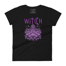 Load image into Gallery viewer, women&#39;s black t-shirt t-shirt with image phrase: &quot;witch&quot; With image of a mystic moth. Front view.
