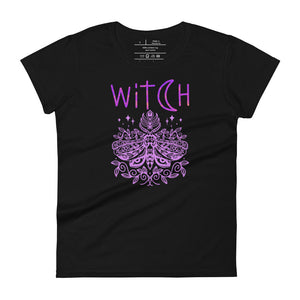 women's black t-shirt t-shirt with image phrase: "witch" With image of a mystic moth. Front view.