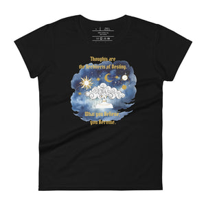 women's black t-shirt, with image phrase: "Thoughts Are The Architects of Your Destiny." Front View