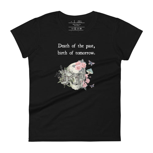 women's black t-shirt with image design of a skull with plants, mushrooms, roses, and flowers growing out of it, with white butterflies, and image phrase 