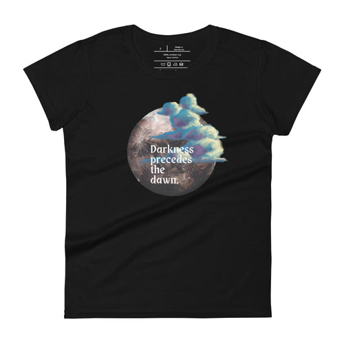 women's black t-shirt with image design of a dark moon, with a colorful dawn cloud in front, with image phrase: 