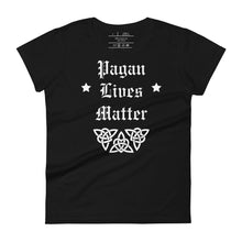 Load image into Gallery viewer, women&#39;s black t-shirt with image phrase: &quot;Pagan Lives Matter.&quot; with image graphic of heart triquetra symbol.
