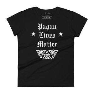 women's black t-shirt with image phrase: "Pagan Lives Matter." with image graphic of heart triquetra symbol.