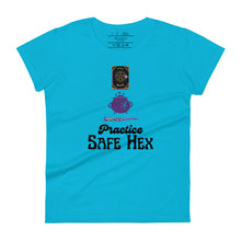 Load image into Gallery viewer, Woman&#39;s light blue t-shirt with image phrase: Practice safe Hex (play on words for &#39;Practice safe sex.&#39; Above phrase is a spell book, a cauldron, a wand. Front view. Halloween, spooky season.
