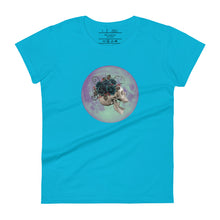 Load image into Gallery viewer, women&#39;s caribbean blue t-shirt, with image design: side profile of a skull wearing a crown/hat of black roses, red berries, thorny vines and leaves, with a blue-purple moon behind it. Front View.
