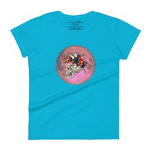 Load image into Gallery viewer, women&#39;s caribbean blue t-shirt, with image design: side profile of a skull wearing a crown/hat of black roses, red poppies, thorny vines, and white butterflies, with a pink-red moon behind it. Front View.
