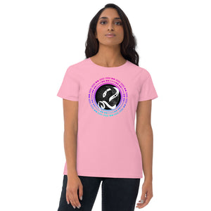 woman wearing/modeling women's light pink t-shirt, with Snake wrapped around a crescent moon, encircled by moon symbols