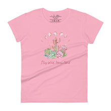 Load image into Gallery viewer, women&#39;s light pink  t-shirt with image design of Moon phases, cacti and flowers, and &quot;Stay Wild Moon Child&quot; text
