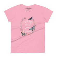 Load image into Gallery viewer, women&#39;s light pink t-shirt. Image Design: Text &quot;Always trust your Intuition,&quot; with plant/vine border, watercolor style moths, stars
