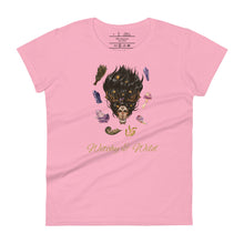 Load image into Gallery viewer, Woman&#39;s light pink t-shirt with image phrase: Witchy &amp; Wild, with image of woman&#39;s head with antlers, and stars in her hair. Circling her head are crystals, frog, snail, fern leaf, bunch of flowers, mushroom. Front view. Halloween, spooky season.
