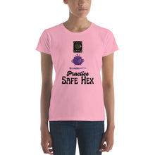 Load image into Gallery viewer, Woman modeling/wearing woman&#39;s light pink t-shirt with image phrase: Practice safe Hex (play on words for &#39;Practice safe sex.&#39; Above phrase is a spell book, a cauldron, a wand. Front view. Halloween, spooky season.
