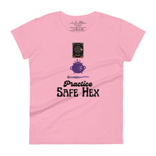 Load image into Gallery viewer, Woman&#39;s light pink t-shirt with image phrase: Practice safe Hex (play on words for &#39;Practice safe sex.&#39; Above phrase is a spell book, a cauldron, a wand. Front view. Halloween, spooky season.
