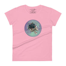 Load image into Gallery viewer, women&#39;s charity pink t-shirt, with image design: side profile of a skull wearing a crown/hat of black roses, red berries, thorny vines and leaves, with a blue-purple moon behind it. Front View.
