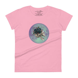 women's charity pink t-shirt, with image design: side profile of a skull wearing a crown/hat of black roses, red berries, thorny vines and leaves, with a blue-purple moon behind it. Front View.