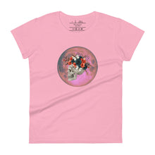 Load image into Gallery viewer, women&#39;s charity pink t-shirt, with image design: side profile of a skull wearing a crown/hat of black roses, red poppies, thorny vines, and white butterflies, with a pink-red moon behind it. Front View.
